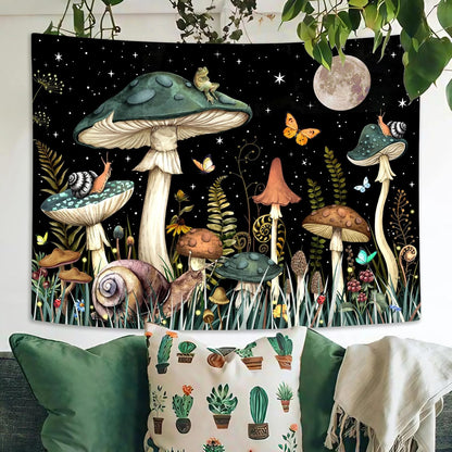 Zussun Green Mushroom Tapestry Moon Star Tapestries for Bedroom Aesthetic Starry Night Plant Tapastrys Wall Hanging Butterfly Snail Frog Wall Tapestry for Living Room Dorm (Dark, 48" x 36")