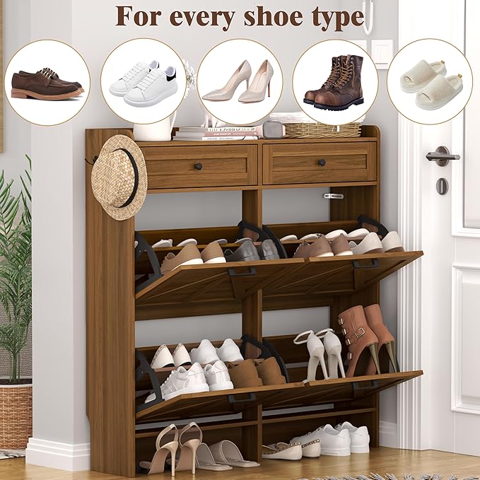 Shoe Cabinet with 4 Flip Drawers & 2 Storage Drawers, Rustic Farmhouse Narrow - Image 8