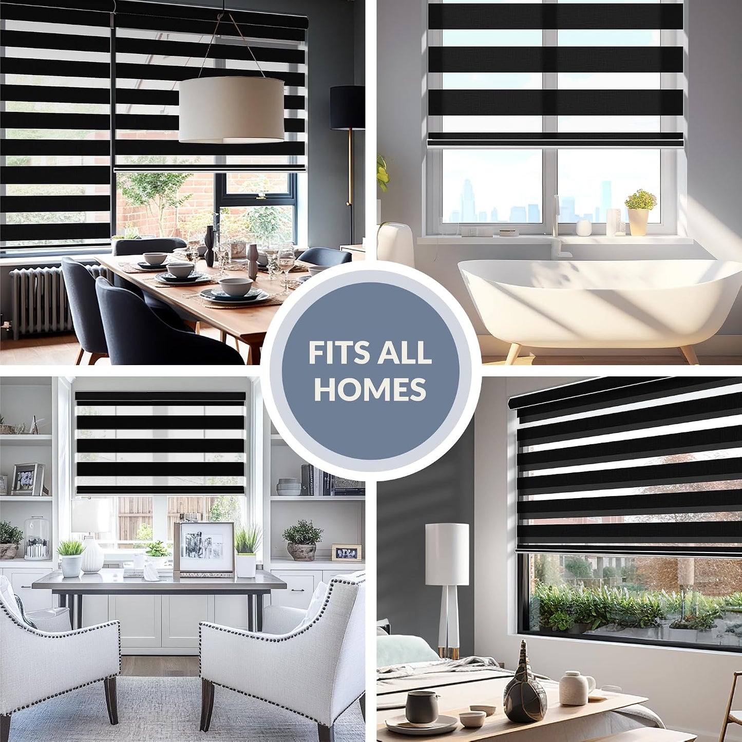 Boolegon Cordless Zebra Blinds for Indoor Windows,Black,58" Wx56 H | Dual Layer Light Control for Day and Night,Heat insulation UV Protection Free Stop Window Shades for Home, Easy to Install