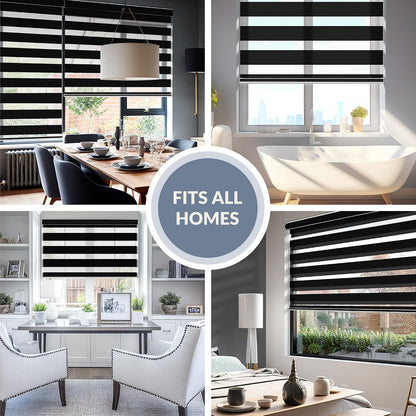 Boolegon Cordless Zebra Blinds for Indoor Windows,Black,58" Wx56 H | Dual Layer Light Control for Day and Night,Heat insulation UV Protection Free Stop Window Shades for Home, Easy to Install