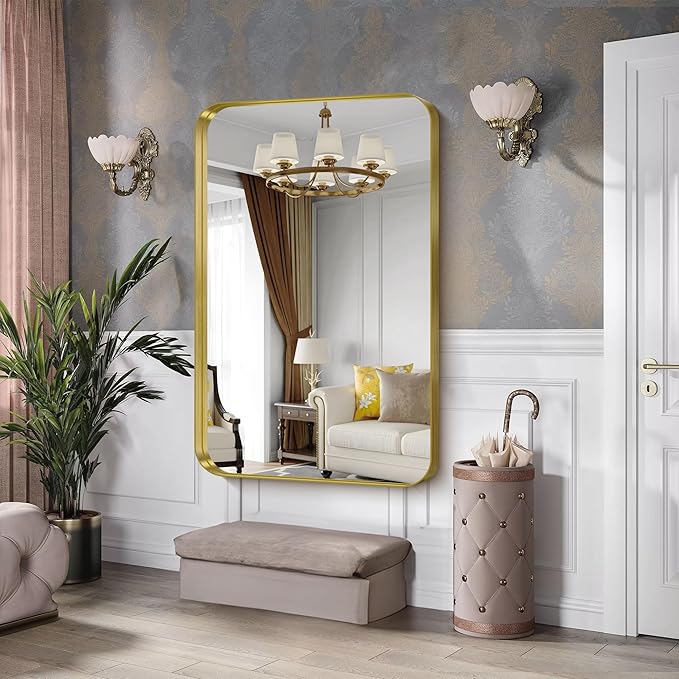 CIRCUMI Gold Bathroom Mirror, Rounded Corner, Tempered Glass, Large Mirror - Image 6