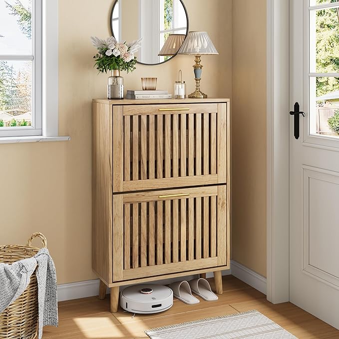 Shoe Cabinet with 2 Flip Slatted Drawers, Farmhouse Slim Shoe Organizer Rack by SmartFENDEE