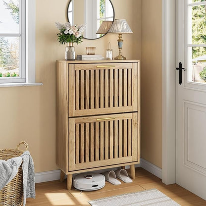 Shoe Cabinet with 2 Flip Slatted Drawers, Farmhouse Slim Shoe Organizer Rack by SmartFENDEE