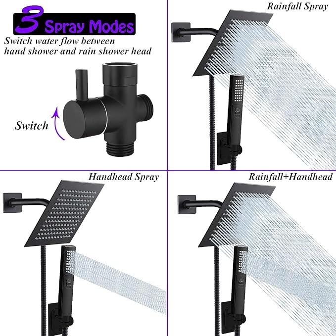 8"High Pressure Square Rain Shower Head and 2-in-1 Hand Shower.Equipped - Image 6