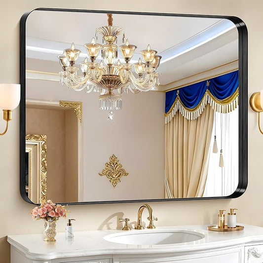 CIRCUMI Black Bathroom Mirror, Rounded Corner, Tempered Glass, Large Mirror by CIRCUMIMirror