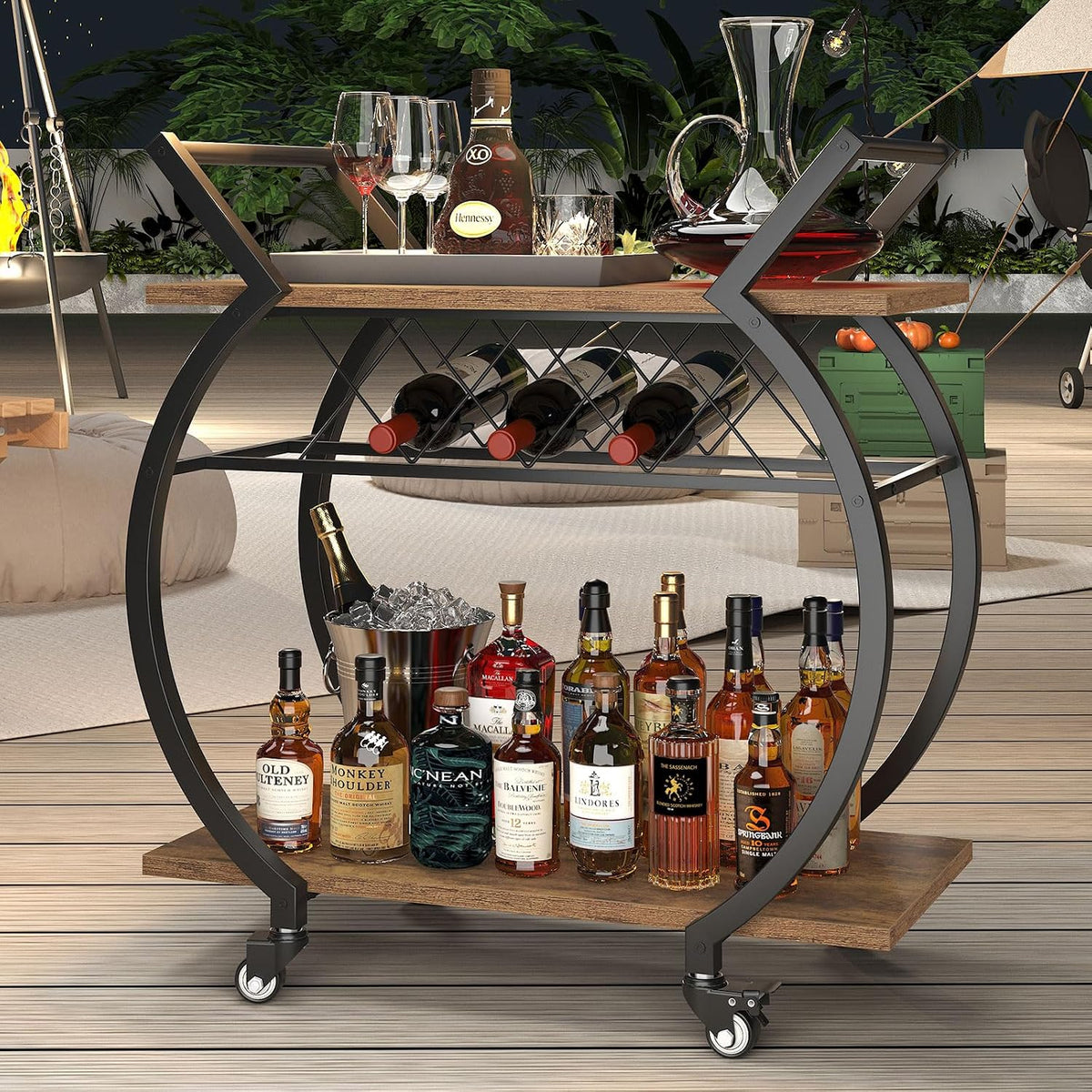 LVB Industrial Bar Cart, Beverage Serving Cart with Wheels, Rustic Brown