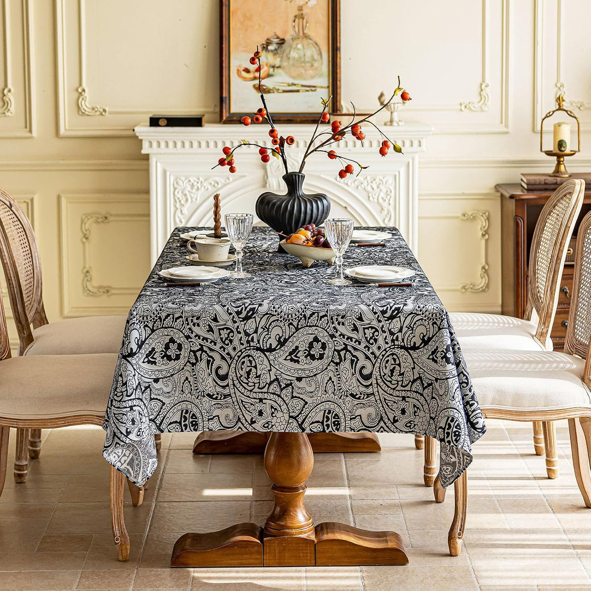 Black Jacquard Floral Tablecloth Rectangle 57”x70”, Waterproof & Wrinkle ...