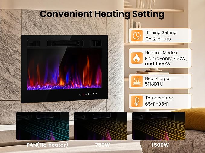 Electric Fireplace Insert 30" Realsmart 1500W Wall Mounted Fireplaces Recessed - Image 4
