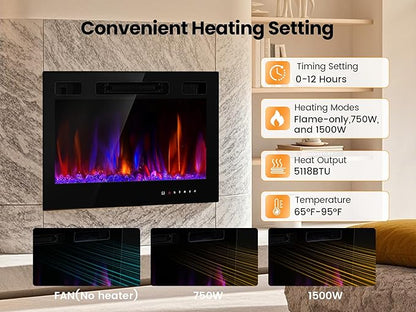 Electric Fireplace Insert 30" Realsmart 1500W Wall Mounted Fireplaces Recessed - Image 4