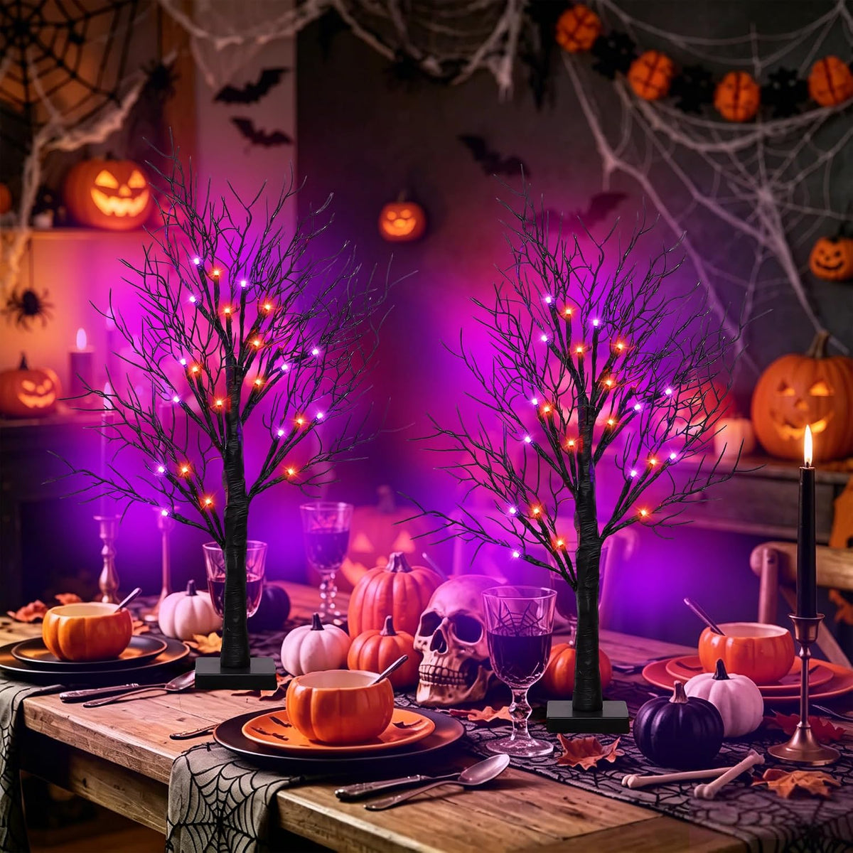 2 Pack 24 Inch Spooky Black Halloween Tree Decorations for Indoor Home Table,...