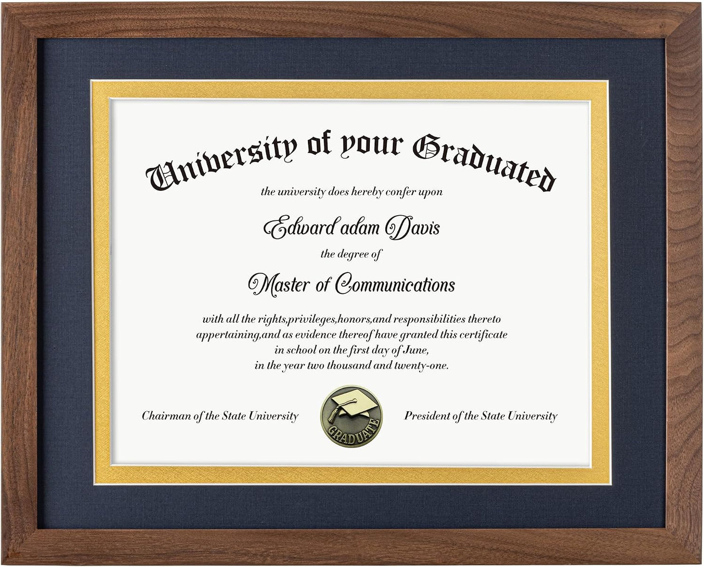 Fun Memories Walnut Wood 11x14 Diploma Frame, 100% Solid Walnut Wood Certificate Picture Frame with High Definition Glass, Document Frame for Wall and Tabletop, Blue Mat