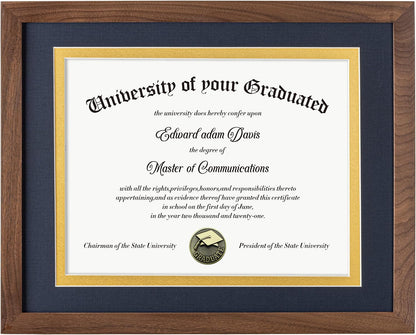 Fun Memories Walnut Wood 11x14 Diploma Frame, 100% Solid Walnut Wood Certificate Picture Frame with High Definition Glass, Document Frame for Wall and Tabletop, Blue Mat