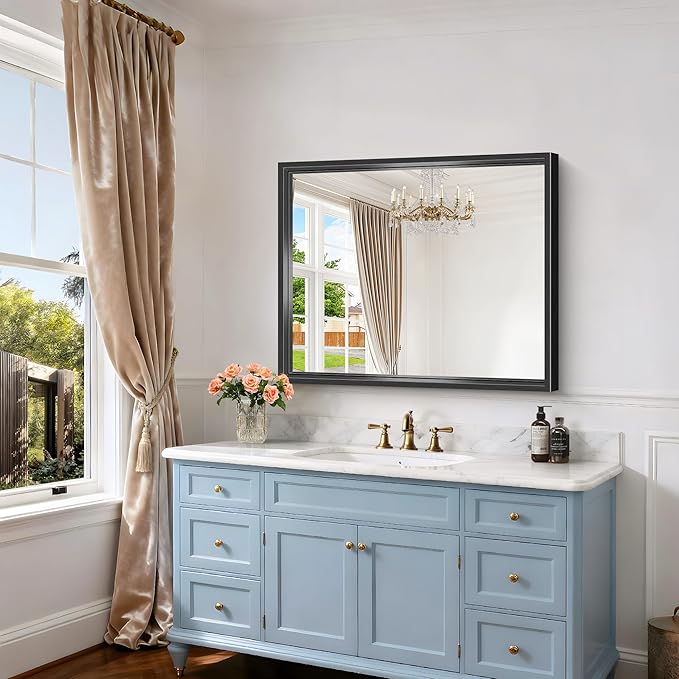 Black Bathroom Mirror, 36 x 30 Inch Brushed Black Rectangle Mirrors - Image 4