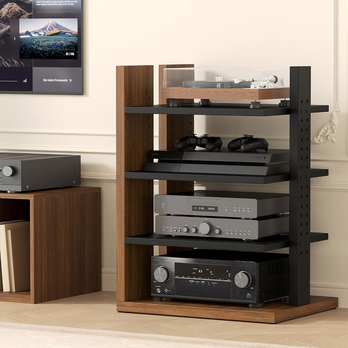 space-saving corner audio rack, 4-tier stereo cabinet media, main product view