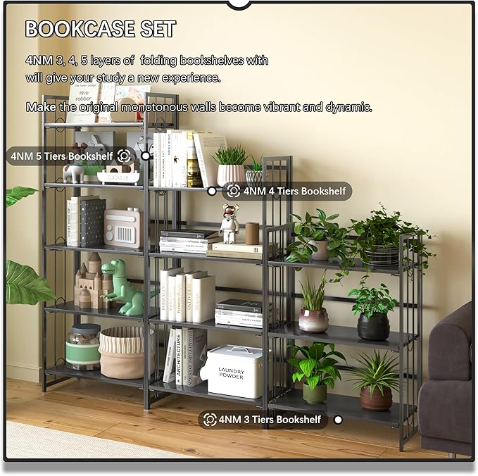 4NM No Assembly 4 Tiers Folding Bookshelf, 47.2" H Foldable Storage Shelves - Image 5
