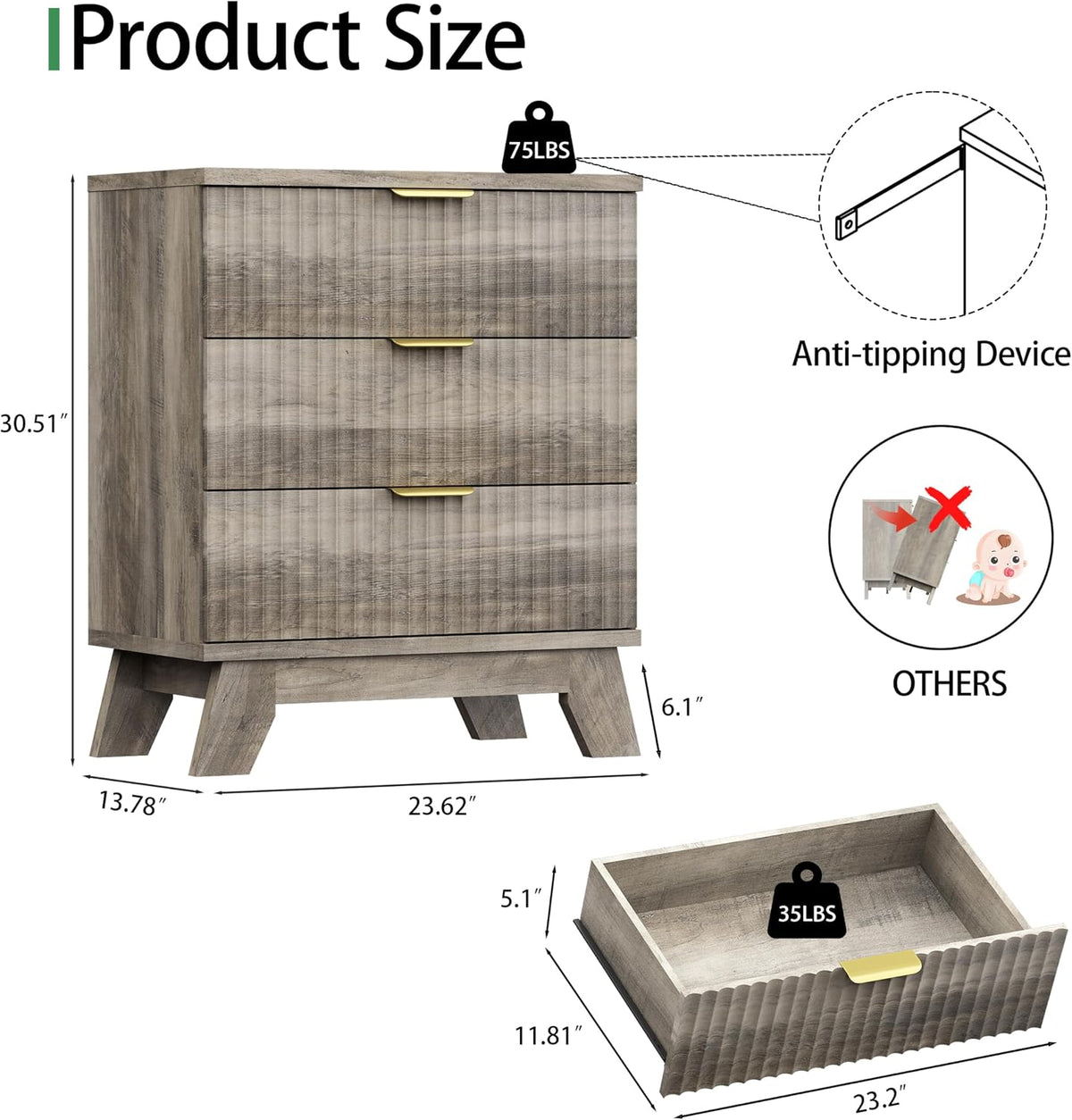 Xixini Fluted Dresser for Bedroom with 3 Drawers, 24" Wide Modern Chest ...