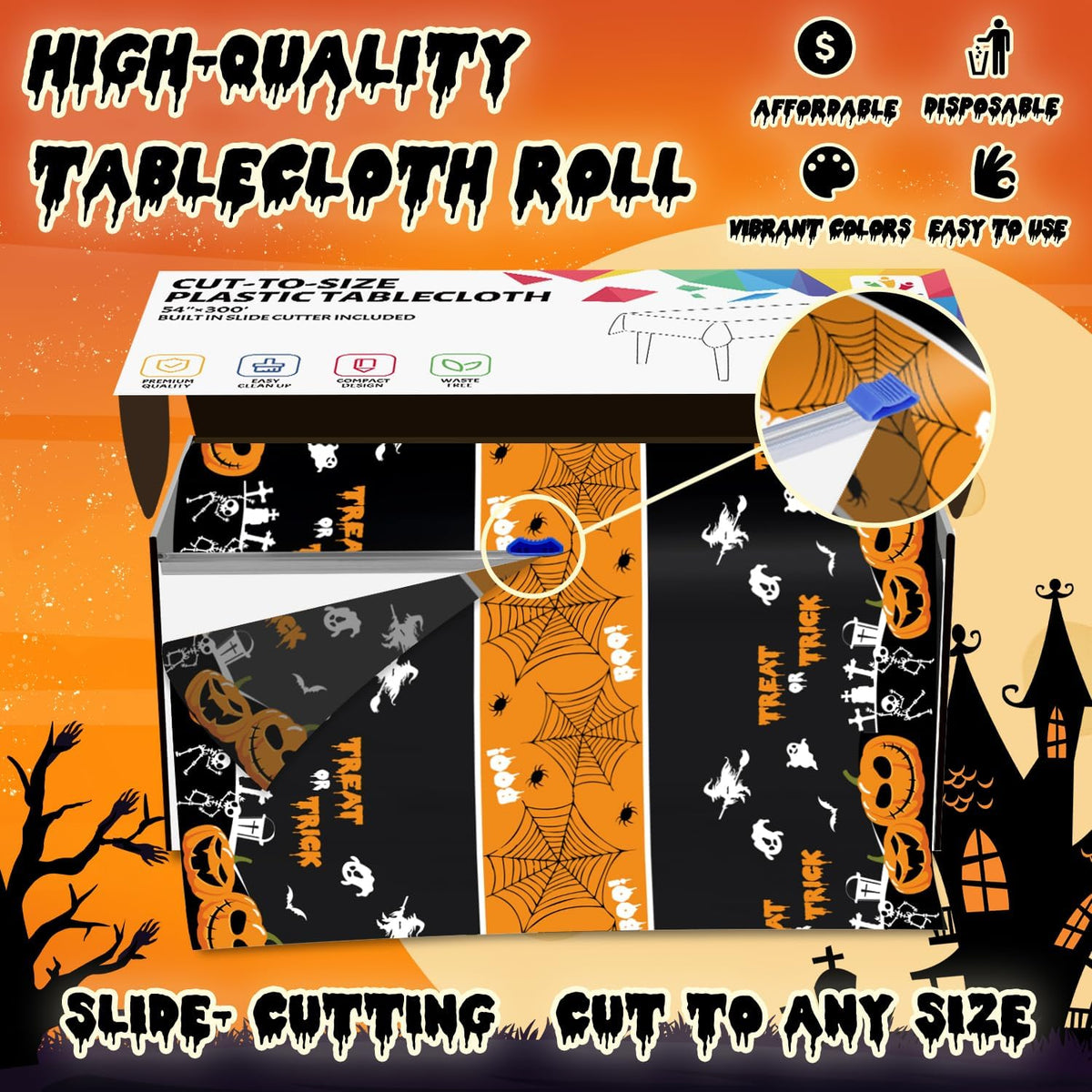 54 Inch X 300 Feet Plastic Table Cover Roll Disposable Halloween Tablecloth w...