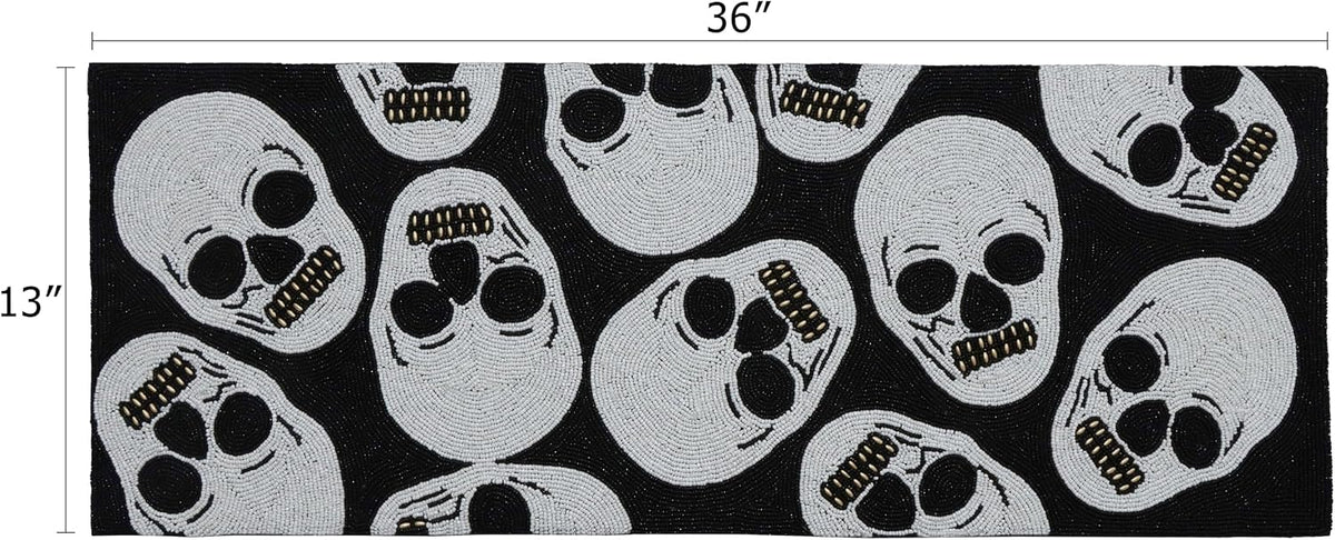 COTTON CRAFT Halloween Beaded Table Runner - Black White Skulls 13x36 inch
