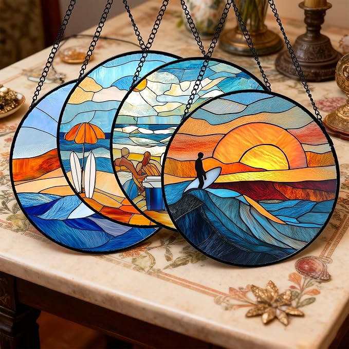 AMDERVEN Stained Glass Window Hanging 4 Pcs Set Blue Ocean Surfing Beach Large - Image 2