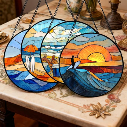 AMDERVEN Stained Glass Window Hanging 4 Pcs Set Blue Ocean Surfing Beach 9.8" - Image 2