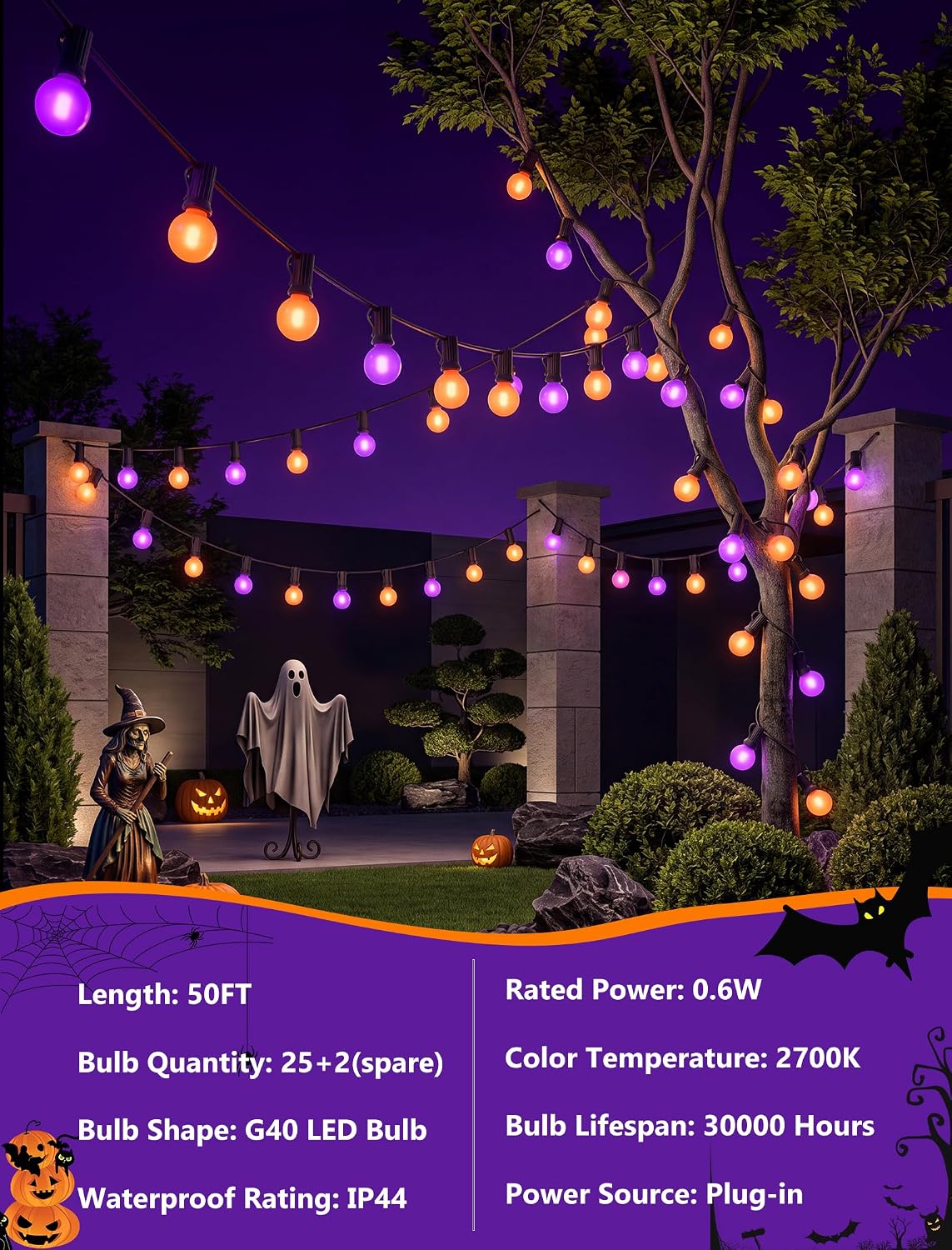 50FT G40 Halloween Orange and Purple Globe String Lights Outdoor Waterproof