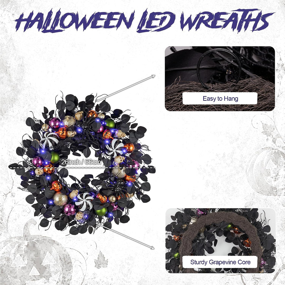 JORNOY 26-Inch Halloween Wreath with Battery Timer - Spider, Balls, Skull