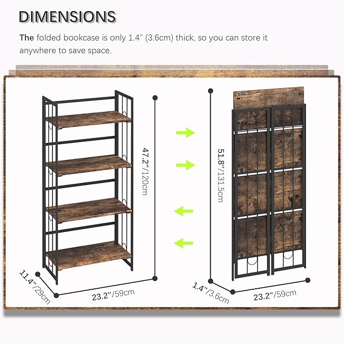 4NM No Assembly 4 Tiers Folding Bookshelf, 47.2" H Foldable Storage Shelves - Image 2
