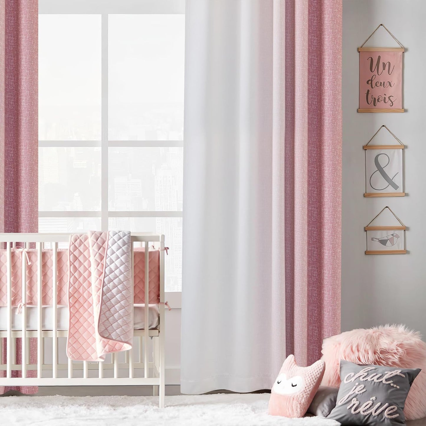 Pink White Ombre 100% Blackout Curtains Bedroom 52x63 2 Panels | Gradient Patterned Room Darkening Drapes for Girls Nursery Living Room 63 Inch Long Thermal Insulated Soundproof Rod Pocket
