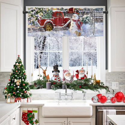 Christmas Curtain For Kitchen Windows Snowman Xmas Kitchen Curtain Valances Red Truck with Christmas Tree Window Curtain Treatment Short Topper Curtains Seasonal Valance Christmas Decor,42 x12 inch