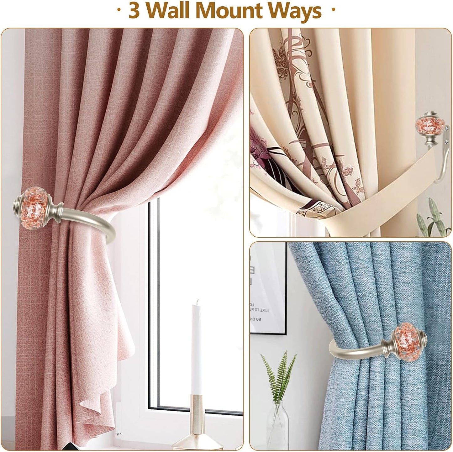 Rose Gold Curtain Holdbacks, Decorative Drapery Tiebacks, 1 Pair | Curtain Hooks for Drapes, Wall Mounted, Vintage Crystal Finials, Durable Metal Material, Size: Small(3.95" L x 3.4" W)