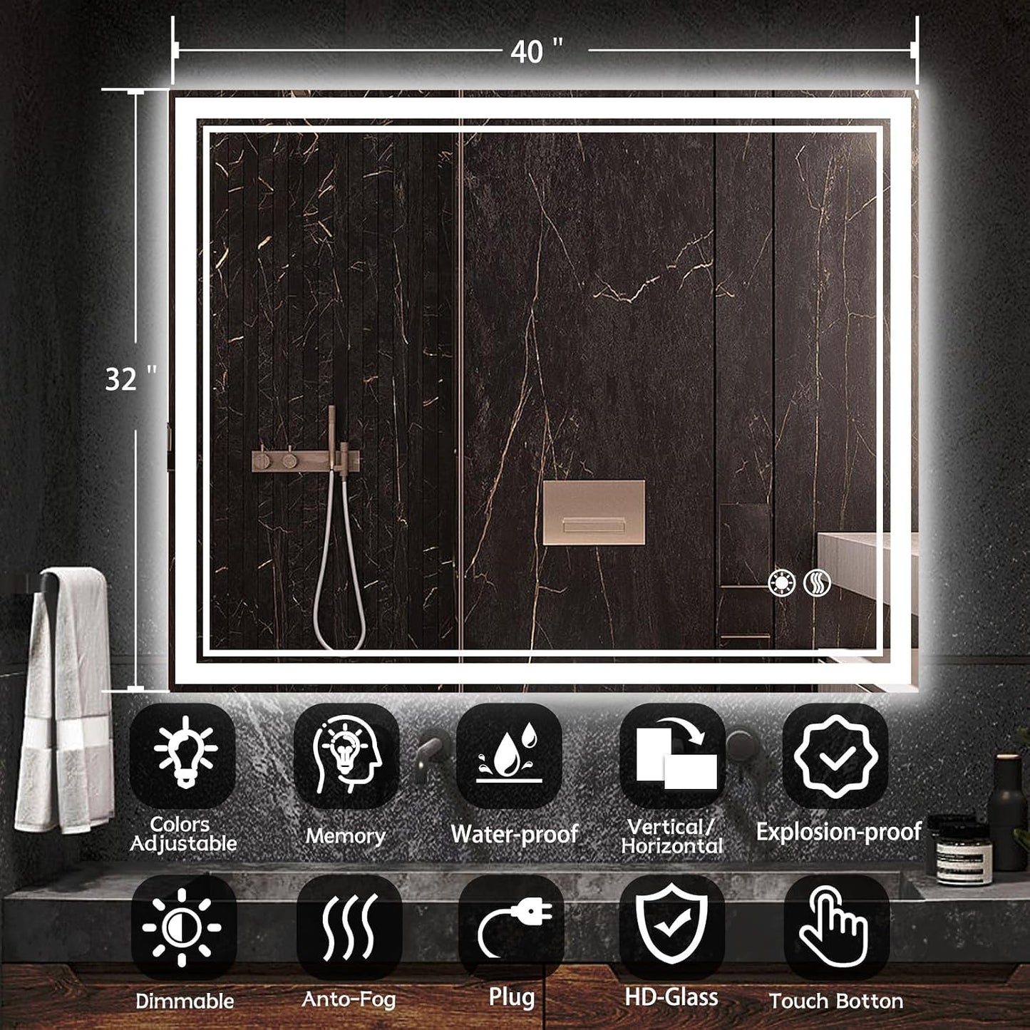 32 x 40'' LED Bathroom Mirror Anti-Fog Dimmable 3 Colors LED Mirror for Bathroom Lighted Mirror Vanity Mirror with Lights Wall Mounted Horizontal/Vertical