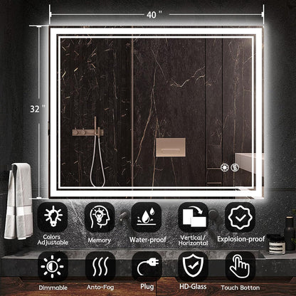 32 x 40'' LED Bathroom Mirror Anti-Fog Dimmable 3 Colors LED Mirror for Bathroom Lighted Mirror Vanity Mirror with Lights Wall Mounted Horizontal/Vertical