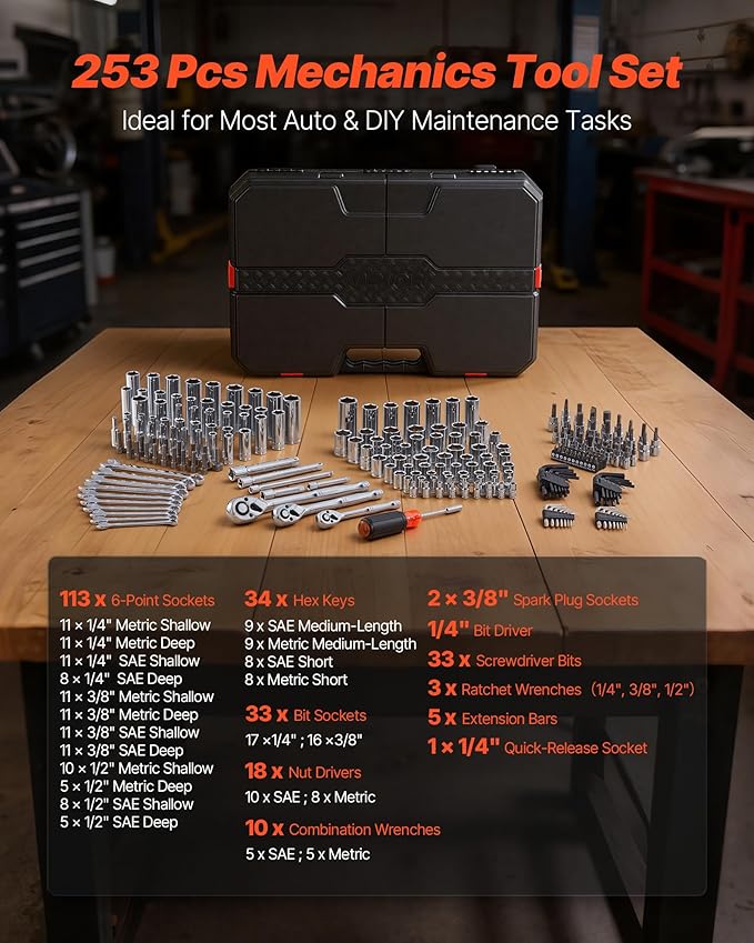 VEVOR Mechanics Tool Set, 253-Piece Mechanic Tool Kit, 1/4 in, 3/8 in, and 1/2 - Image 3