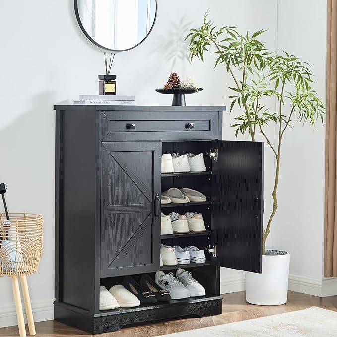 SOOWERY Shoe Cabinet with Drawer, Farmhouse Shoe Storage Cabinet with Doors - Image 3