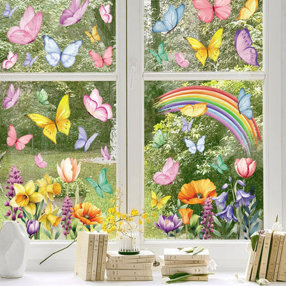 CCINEE 8 Sheets Spring Window Clings, Watercolor Butterfly Floral Decals Reusable Double-Sided Window Stickers for Home School Office Windows Glass Door Decor Party Supplies