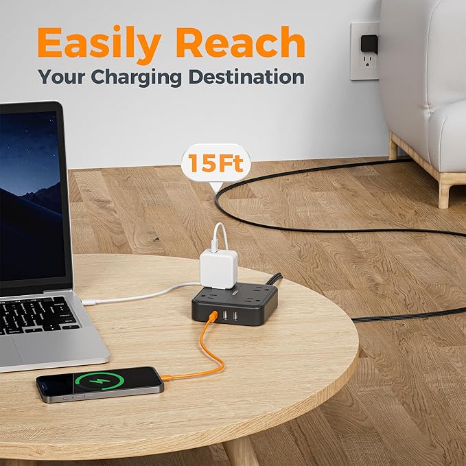 Surge Protector Flat Extension Cord 15FT, TESSAN Flat Plug Power Strip - Image 2