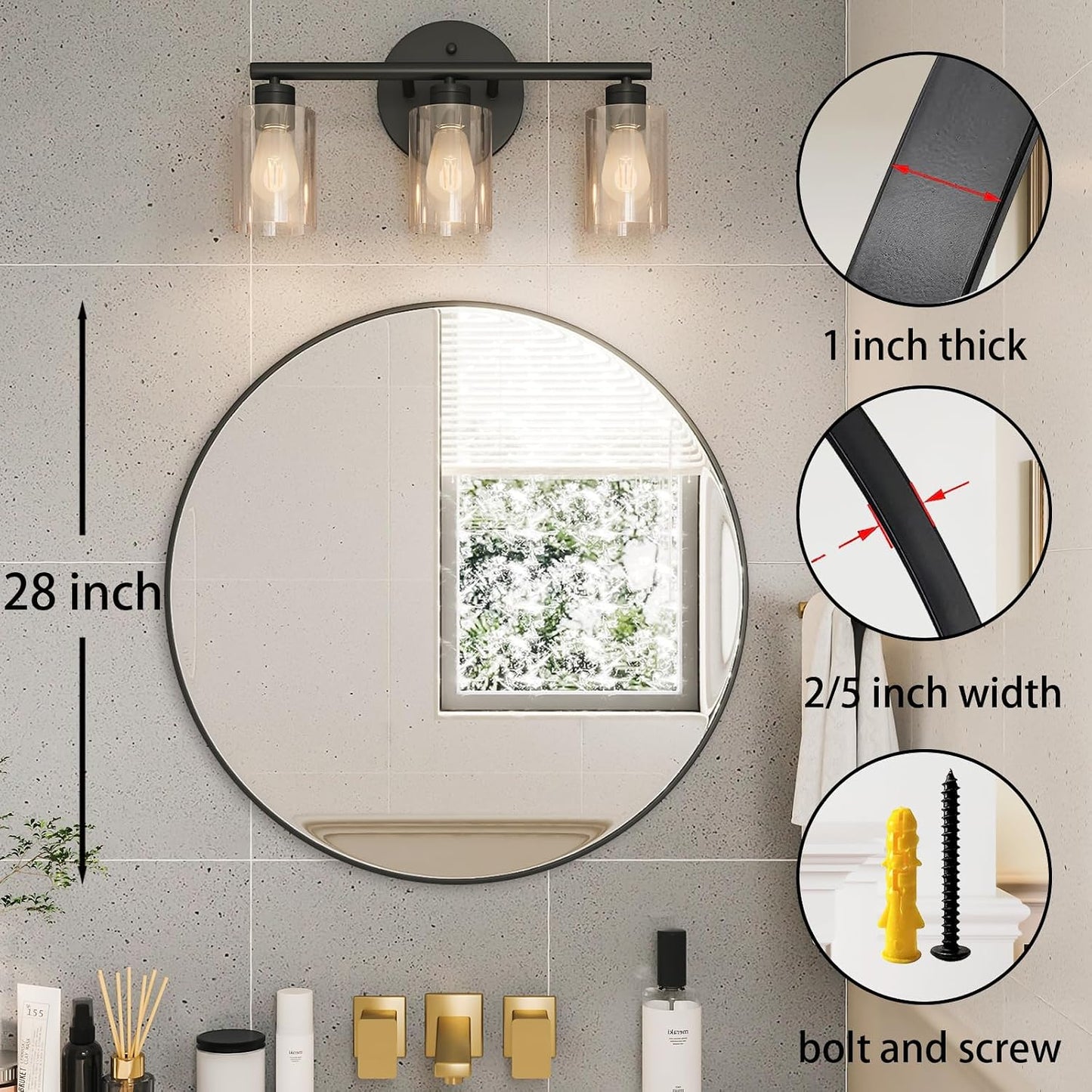 Growsun 28 inch Black Round Mirror, Wall-Mounted Circle Mirror for Bathroom & Living Room Decoration