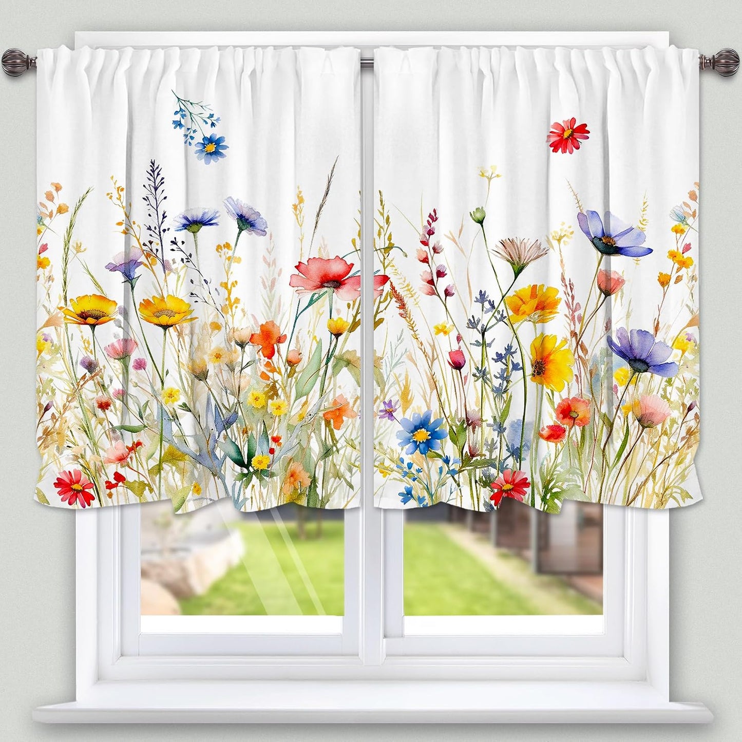 3 Piece Spring Kitchen Curtains and Valances Set for Window | Summer Floral Cafe Curtain 36 Inch Length Black & White Buffalo Plaid Kitchen Decor