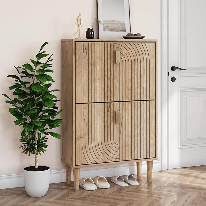 Smuxee Shoe Cabinet with 2 Flip Drawers, 23.6" Oak Hidden Shoe Storage Cabinet by Smuxee