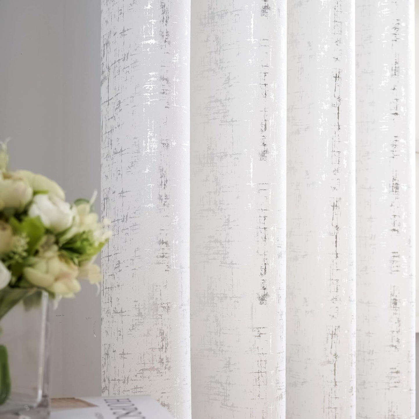 Taisier Home Silver Foil Print Linen Textured Curtains Geometric Dots Pattern Design Curtains for Nursery Toy Room Thermal Insulated Window Treatment 2 Panels 63" L,White and Silver Drapes Print