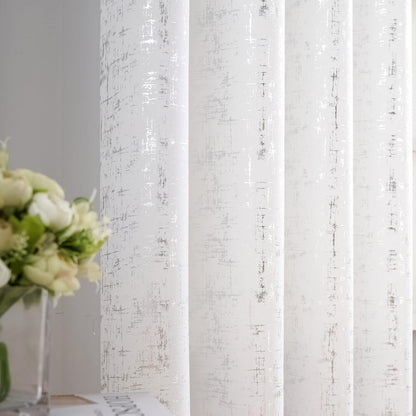Taisier Home Silver Foil Print Linen Textured Curtains Geometric Dots Pattern Design Curtains for Nursery Toy Room Thermal Insulated Window Treatment 2 Panels 63" L,White and Silver Drapes Print