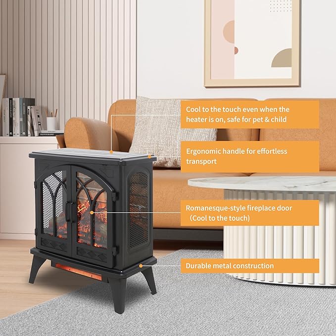 24" Electric Fireplace, Fireplace Heater w/Realistic Flame, Freestanding - Image 6