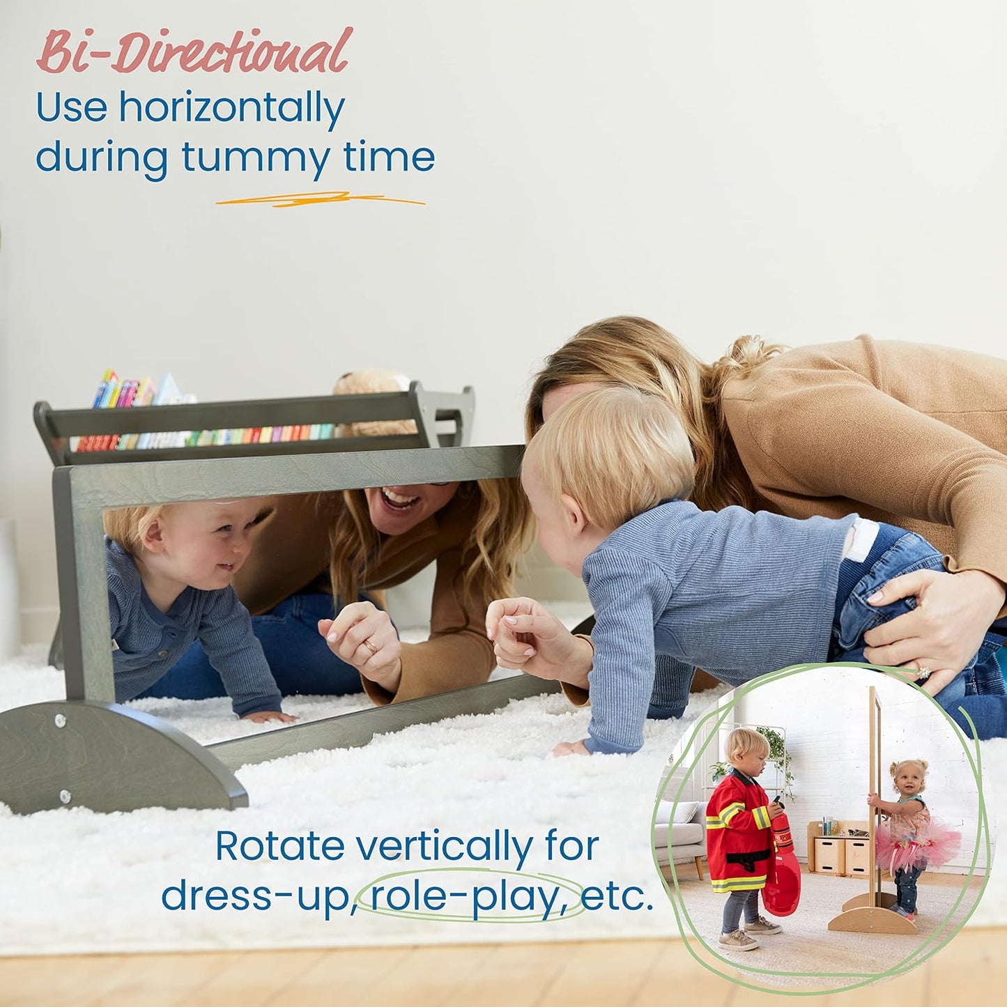 ECR4Kids Double-Sided Wooden Bi-Directional Mirror, Montessori, Grey Wash | Durable birch, GREENGUARD Gold Certified, shatter-resistant mirror, anti-tip feet, vertical & horizontal use, classroom/home