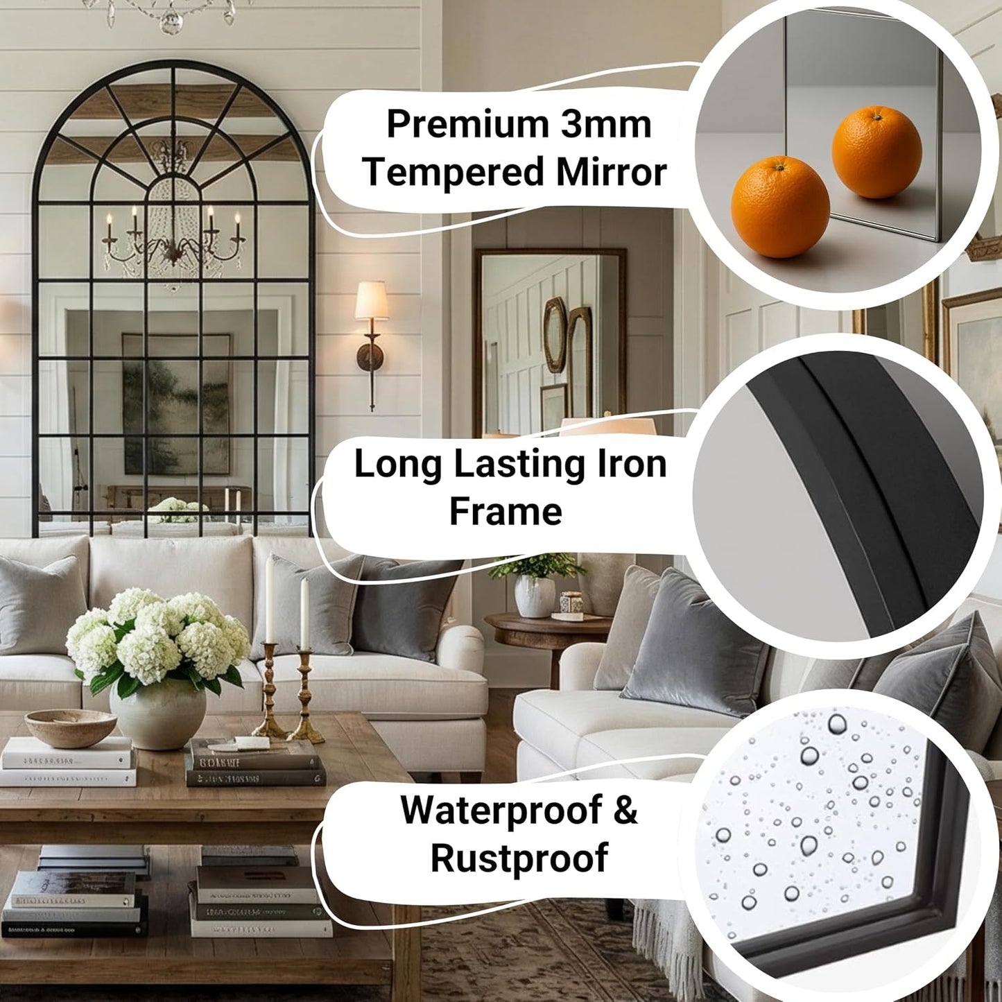 70x30Inch Large Arched Window Pane Mirror| Black Arched Mirrors for Wall & Floor | Arch Mirror Full Length for Entryway Living Room & Bedroom | Oversized Mirrors | Wall Art Decorative |Farmhouse Décor