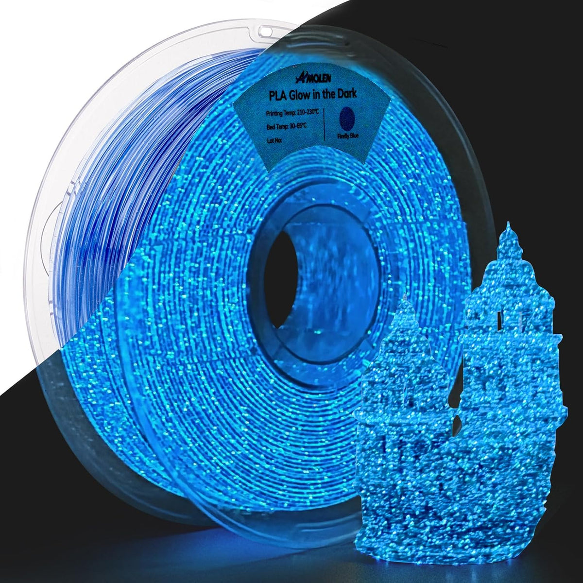 amolen 3d pla printer filament, 1.75mm glow in, main product view
