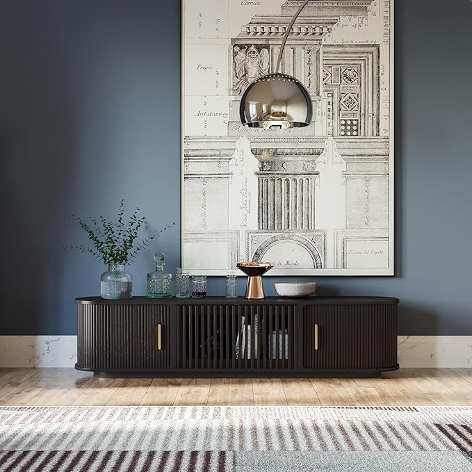 POVISON Fully-Assembled Mid-Century Modern Tambour Door TV Stand, Wood TV - Image 2