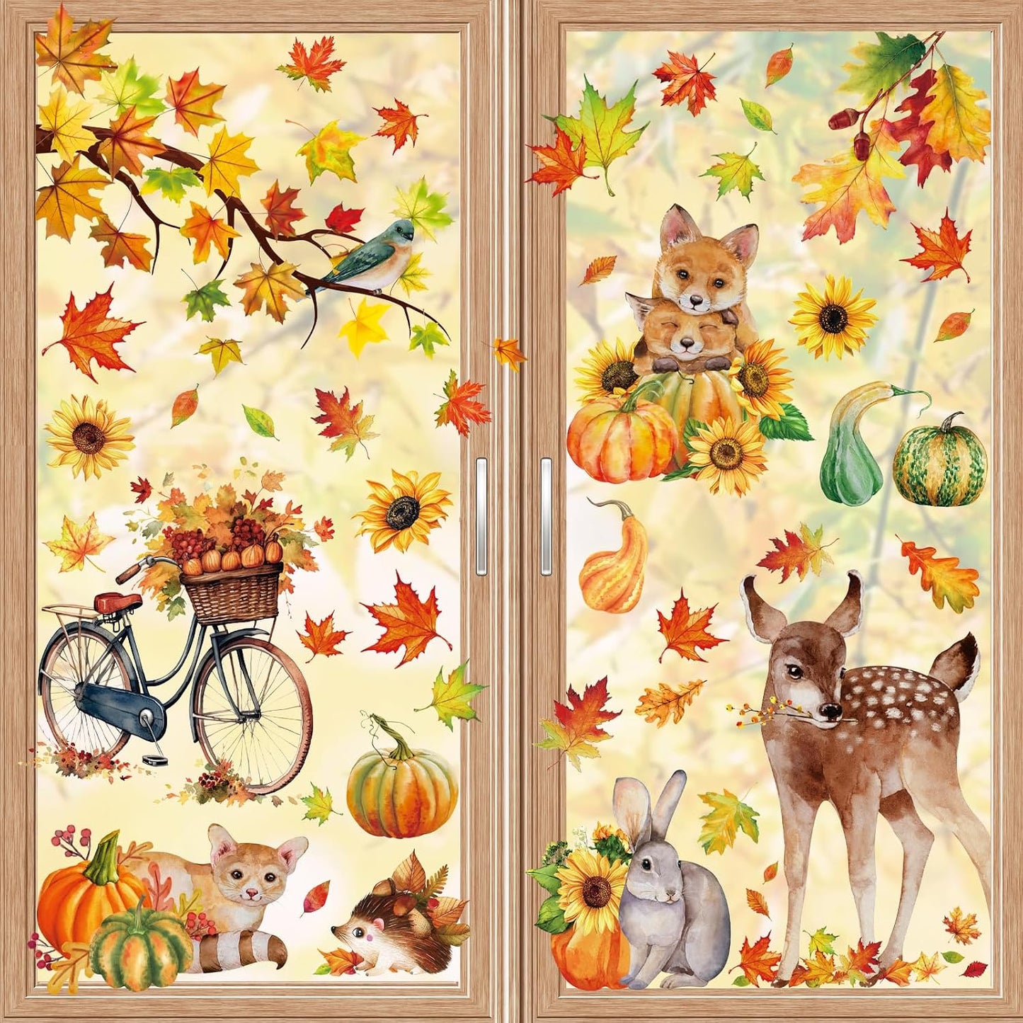 Fall Woodland Animals Window Clings, 9 Sheets 68 Pcs | Autumn Window Stickers Squirrel Fox Rabbit Decals for Fall Harvest Home Party Window Decorations