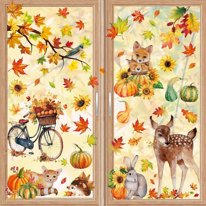 Fall Woodland Animals Window Clings, 9 Sheets 68 Pcs | Autumn Window Stickers Squirrel Fox Rabbit Decals for Fall Harvest Home Party Window Decorations