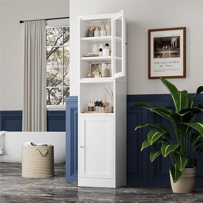 Metal Storage Cabinet with Glass Door, Tall Slim Pantry Organizer with 3 - Image 7