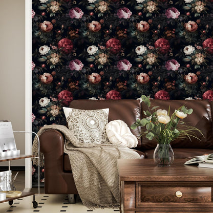 Black Vintage Floral Peel and Stick Wallpaper 17.5" x 118" | Waterproof Vinyl Self Adhesive Removable Renter Friendly Floral Contact Paper